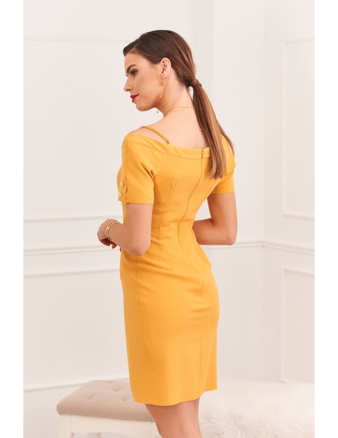 Elegant dress with a Carmen neckline, mustard 0484 - Online store - Boutique